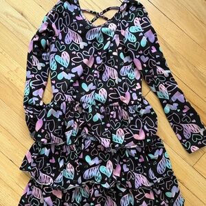 PixieLane Black Pink Purple Turquoise Hearts Ruffle Skirt Long Sleeve Dress Sz 8
